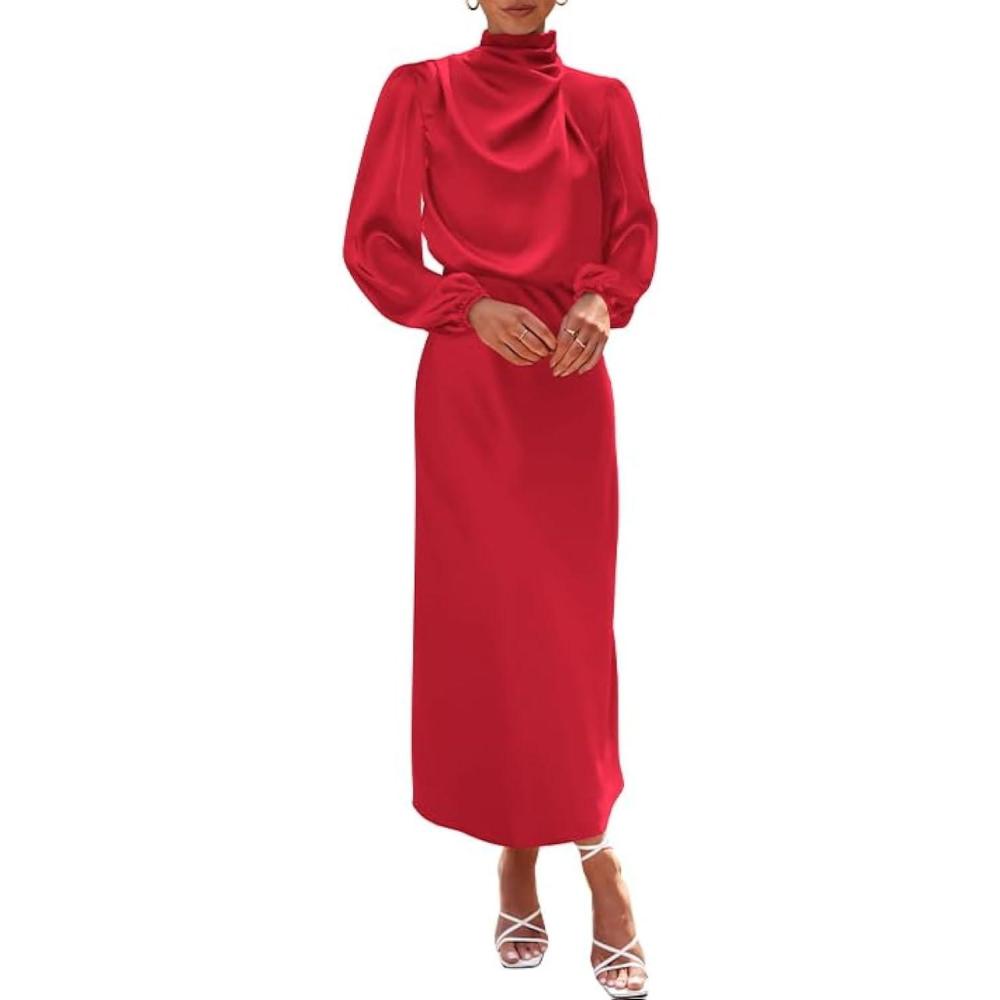 imageBTFBM Womens Mock Neck Satin Dress Summer Fall 2025 Long Sleeve High Waist Formal Wedding Party Maxi Cocktail DressesRed