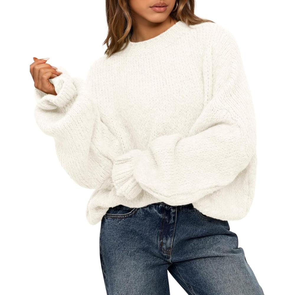 imageBTFBM Womens Oversized Sweater Crewneck 2025 Fall Winter Long Sleeve Fuzzy Warm Knit Pullover Sweaters Trendy OutfitsWhite