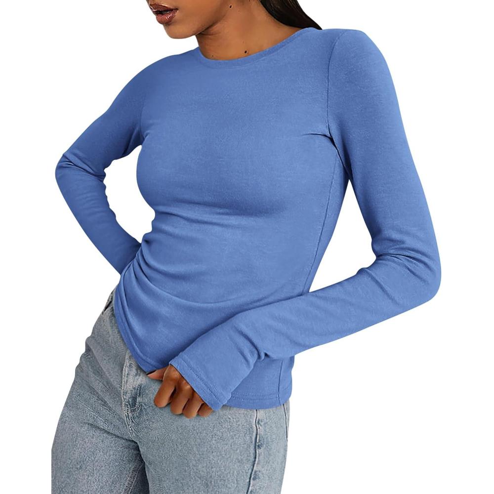 imageBTFBM Womens Tops 2025 Fall Outfits Long Sleeve Shirts Crewneck Work Blouses Stretchy Slim Fit Going Out Top WorkoutBlue