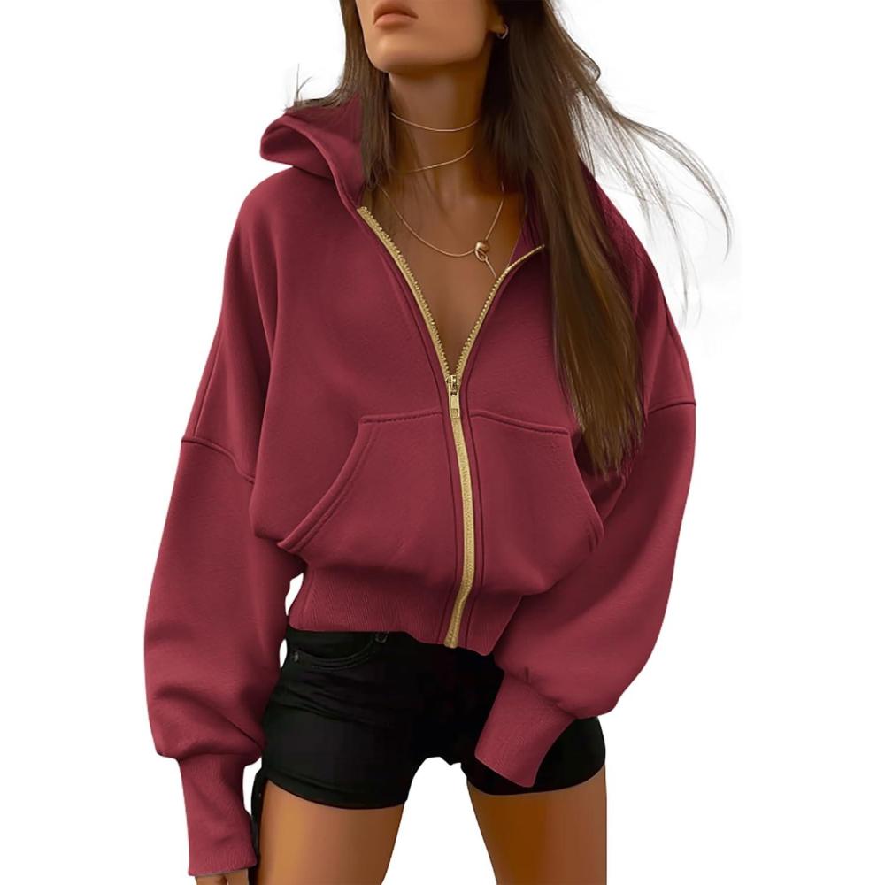 imageBTFBM Zip Up Hoodie Women Long Sleeve Fall Fashion Sweatshirt Fleece Y2K Hooded Jacket 2025 Trendy Winter ClothesWine Red