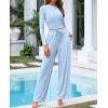 imageBTFBM Casual 2 Piece Sets For Women Fall Outfits 2025 Ribbed Long Sleeve Crop Top Wide Leg Pants Matching Lounge SetLight Blue