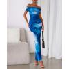imageBTFBM Cocktail Dresses for Women 2025 Summer Off Shoulder Bodycon Ruched Mesh Back Slit Floral Maxi Dress Fall FashionFloral Dark Blue