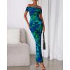 imageBTFBM Cocktail Dresses for Women 2025 Summer Off Shoulder Bodycon Ruched Mesh Back Slit Floral Maxi Dress Fall FashionFloral Green