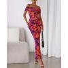 imageBTFBM Cocktail Dresses for Women 2025 Summer Off Shoulder Bodycon Ruched Mesh Back Slit Floral Maxi Dress Fall FashionFloral Purple Orange
