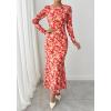 imageBTFBM Wedding Guest Dresses for Women Fall Fashion 2025 Bodycon Long Sleeve Boho Mesh Party Cocktail Floral Maxi DressApricot Red Flower