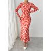 imageBTFBM Wedding Guest Dresses for Women Fall Fashion 2025 Bodycon Long Sleeve Boho Mesh Party Cocktail Floral Maxi DressApricot Red Flower
