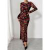 imageBTFBM Wedding Guest Dresses for Women Fall Fashion 2025 Bodycon Long Sleeve Boho Mesh Party Cocktail Floral Maxi DressBlack Red Flower