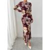imageBTFBM Wedding Guest Dresses for Women Fall Fashion 2025 Bodycon Long Sleeve Boho Mesh Party Cocktail Floral Maxi DressBurgundy