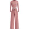 imageBTFBM Casual 2 Piece Sets For Women Fall Outfits 2025 Ribbed Long Sleeve Crop Top Wide Leg Pants Matching Lounge SetPink