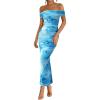 imageBTFBM Cocktail Dresses for Women 2025 Summer Off Shoulder Bodycon Ruched Mesh Back Slit Floral Maxi Dress Fall FashionFloral Light Blue