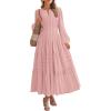 imageBTFBM Fall Dresses for Women 2025 Casual Long Sleeve V Neck Elastic Waist Lightweight Maxi Wedding Guest Dress PocketsPink