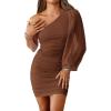 imageBTFBM Fall Wedding Guest Dresses for Women 2025 One Shoulder Long Sleeve Ruched Bodycon Cocktail Party Homecoming DressDark Brown