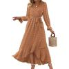 imageBTFBM Long Sleeve Maxi Dresses for Women V Neck Swiss Dot Boho Flowy Slit Cocktail Wedding Guest Dress Fall Clothes 2025Khaki