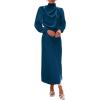 imageBTFBM Womens Mock Neck Satin Dress Summer Fall 2025 Long Sleeve High Waist Formal Wedding Party Maxi Cocktail DressesDark Blue