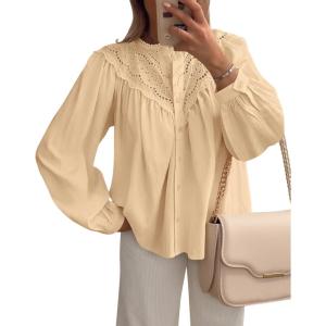 imageBTFBM Blouses for Women Dressy Casual Fall Clothes 2025 Long Sleeve Tops Lace Flowy Babydoll Button Down ShirtsApricot