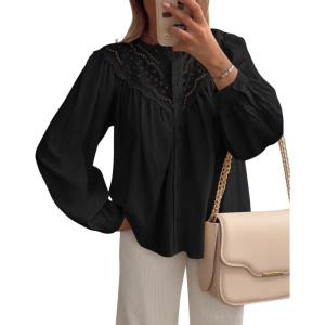 imageBTFBM Blouses for Women Dressy Casual Fall Clothes 2025 Long Sleeve Tops Lace Flowy Babydoll Button Down ShirtsBlack