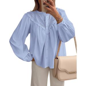 imageBTFBM Blouses for Women Dressy Casual Fall Clothes 2025 Long Sleeve Tops Lace Flowy Babydoll Button Down ShirtsLight Blue
