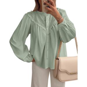 imageBTFBM Blouses for Women Dressy Casual Fall Clothes 2025 Long Sleeve Tops Lace Flowy Babydoll Button Down ShirtsLight Green