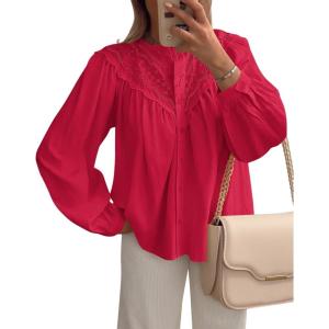 imageBTFBM Blouses for Women Dressy Casual Fall Clothes 2025 Long Sleeve Tops Lace Flowy Babydoll Button Down ShirtsRed