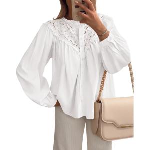 imageBTFBM Blouses for Women Dressy Casual Fall Clothes 2025 Long Sleeve Tops Lace Flowy Babydoll Button Down ShirtsWhite