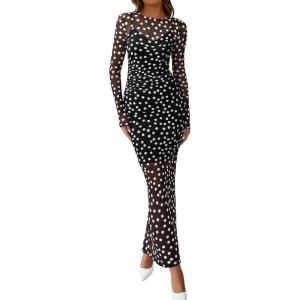 imageBTFBM Fall Dresses for Women 2025 2 Piece Set Long Sleeve Polka Dot Sexy Bodycon Mesh Dress and Slip Dress Party WeddingBig Dot Black White