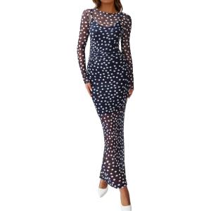 imageBTFBM Fall Dresses for Women 2025 2 Piece Set Long Sleeve Polka Dot Sexy Bodycon Mesh Dress and Slip Dress Party WeddingBig Dot Navy White