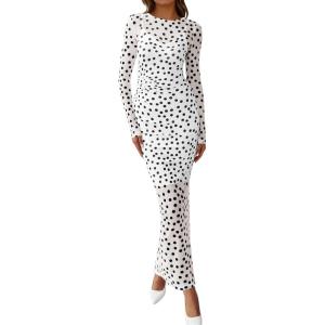 imageBTFBM Fall Dresses for Women 2025 2 Piece Set Long Sleeve Polka Dot Sexy Bodycon Mesh Dress and Slip Dress Party WeddingBig Dot White Black