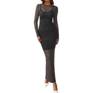 imageBTFBM Fall Dresses for Women 2025 2 Piece Set Long Sleeve Polka Dot Sexy Bodycon Mesh Dress and Slip Dress Party WeddingSmall Dot Black White