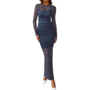 imageBTFBM Fall Dresses for Women 2025 2 Piece Set Long Sleeve Polka Dot Sexy Bodycon Mesh Dress and Slip Dress Party WeddingSmall Dot Navy White