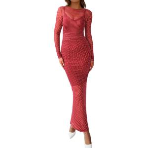 imageBTFBM Fall Dresses for Women 2025 2 Piece Set Long Sleeve Polka Dot Sexy Bodycon Mesh Dress and Slip Dress Party WeddingSmall Dot Red White