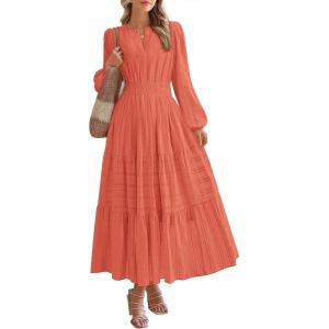 imageBTFBM Fall Dresses for Women 2025 Casual Long Sleeve V Neck Elastic Waist Lightweight Maxi Wedding Guest Dress PocketsOrange