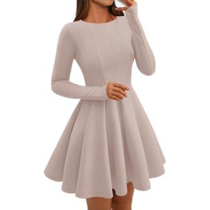 imageBTFBM Fall Dresses for Women 2025 Long Sleeve High Waist Pleated Flowy A Line Party Wedding Guest Dress Business CasualBeige