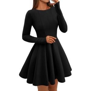 imageBTFBM Fall Dresses for Women 2025 Long Sleeve High Waist Pleated Flowy A Line Party Wedding Guest Dress Business CasualBlack