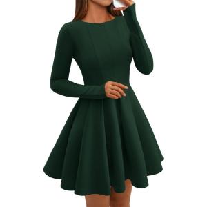 imageBTFBM Fall Dresses for Women 2025 Long Sleeve High Waist Pleated Flowy A Line Party Wedding Guest Dress Business CasualDark Green