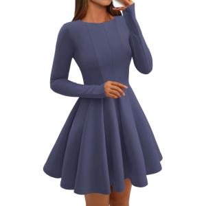 imageBTFBM Fall Dresses for Women 2025 Long Sleeve High Waist Pleated Flowy A Line Party Wedding Guest Dress Business CasualGrey Blue