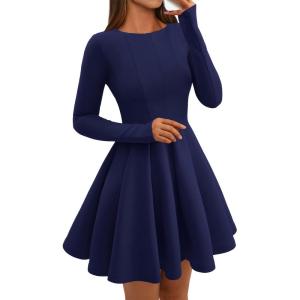 imageBTFBM Fall Dresses for Women 2025 Long Sleeve High Waist Pleated Flowy A Line Party Wedding Guest Dress Business CasualNavy