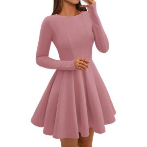 imageBTFBM Fall Dresses for Women 2025 Long Sleeve High Waist Pleated Flowy A Line Party Wedding Guest Dress Business CasualPink