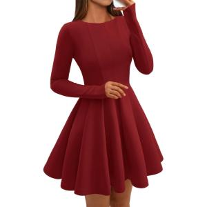 imageBTFBM Fall Dresses for Women 2025 Long Sleeve High Waist Pleated Flowy A Line Party Wedding Guest Dress Business CasualRed