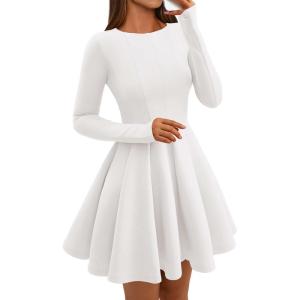 imageBTFBM Fall Dresses for Women 2025 Long Sleeve High Waist Pleated Flowy A Line Party Wedding Guest Dress Business CasualWhite
