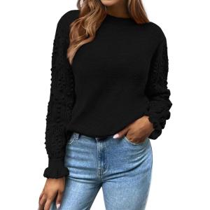 imageBTFBM Fall Sweaters for Women 2025 Crew Neck Long Sleeve Hollow Out Swiss Dot Knit Casual Pullover Tops Fashion ClothingBlack