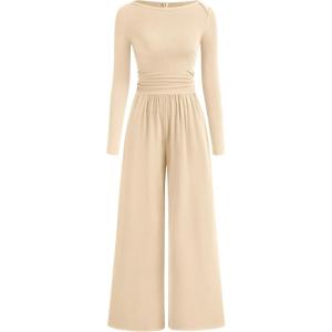 imageBTFBM Jumpsuits For Women One Piece Outfits Long Sleeve Stretchy Knit Wide Leg Pants Womens Jumpsuit Fall Clothes 2025Beige