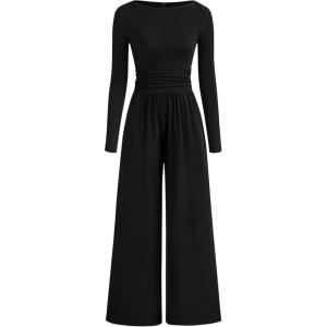 imageBTFBM Jumpsuits For Women One Piece Outfits Long Sleeve Stretchy Knit Wide Leg Pants Womens Jumpsuit Fall Clothes 2025Black
