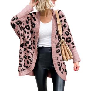 imageBTFBM Leopard Cardigan for Women Long Sleeve Open Front Cardigans Sweaters Pockets Loose Knit 2025 Fall Winter OutwearPink