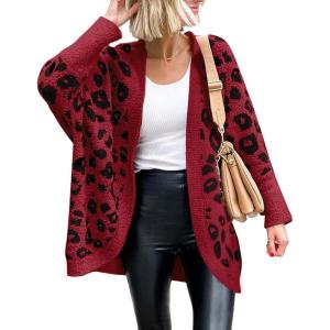 imageBTFBM Leopard Cardigan for Women Long Sleeve Open Front Cardigans Sweaters Pockets Loose Knit 2025 Fall Winter OutwearRed