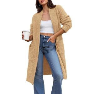 imageBTFBM Long Cardigans for Women Trendy Fall 2025 Open Front Long Sleeve Oversized Sweaters Casual Knit Winter CoatsKhaki