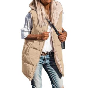 imageBTFBM Long Puffer Vest Women Fleece Sherpa Jacket Sleeveless Hooded Reversible Zip Up Winter Coat Fall Vests OuterwearLight Camel
