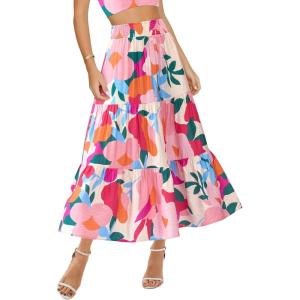 imageBTFBM Skirts for Women Floral Print Fall Fashion 2025 A Line Elastic High Waist Boho Holiday Maxi Skirt PocketsFloral Apricot Rose Red