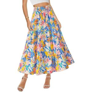 imageBTFBM Skirts for Women Floral Print Fall Fashion 2025 A Line Elastic High Waist Boho Holiday Maxi Skirt PocketsFloral Multicolour