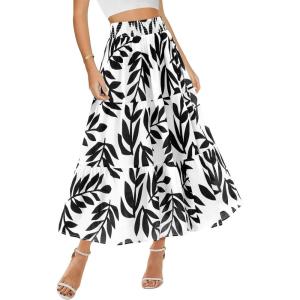 imageBTFBM Skirts for Women Floral Print Fall Fashion 2025 A Line Elastic High Waist Boho Holiday Maxi Skirt PocketsLeaf Black