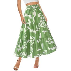 imageBTFBM Skirts for Women Floral Print Fall Fashion 2025 A Line Elastic High Waist Boho Holiday Maxi Skirt PocketsLeaf Green